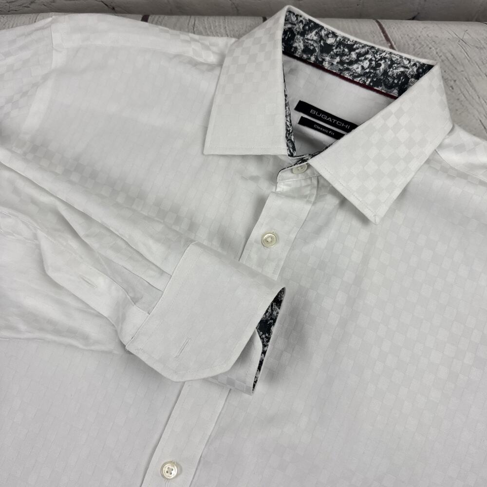 Bugatchi Classic Fit Men’s Medium White Check Pattern Button-Up Dress Shirt